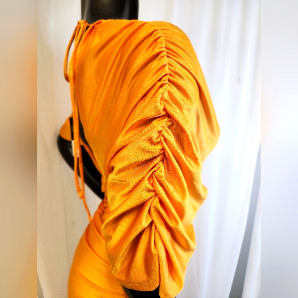 Elegant Ruched Dress In Mustard - Picture 6 of 15